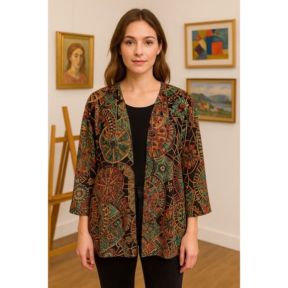 Haute Society Boho Sheer Kimono Jacket Sz S – Mandala Print, Open Front artsy - Picture 1 of 6